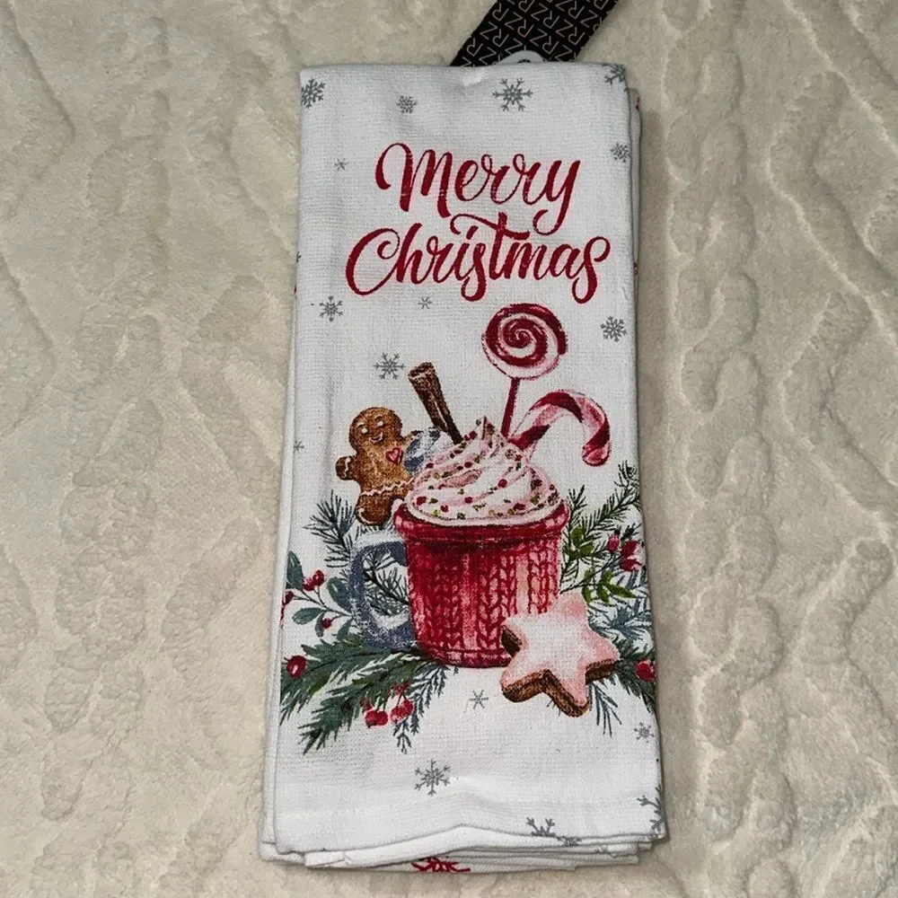 RACHEL ZOE Set of 3 Cotton White Red Green Christmas Gingerbread Kitchen Towels